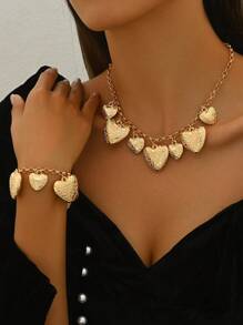 2pcs Fashionable Minimalist Round Ring Chain Geometric Carved Heart Pendant Necklace And Bracelet Set, Women's Daily Matching, Festival Party And Gathering Wear, Also Suitable For Gifts To Girlfriends, Friends, And Loved Ones