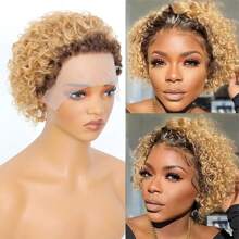 Pixie Cut Curly Human Hair Wigs Ginger 350 Short Curly Lace Front Human Hair Wigs For Women 6 Inch 13x1 Transparent Lace Frontal Wigs Water Wave Dark Rooted To Ginger Orange Color - T4/27 - 查看 3