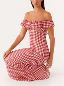 Womens Off The Shoulder Ruffle Party Dresses Beach Maxi Dress Summer Long Bodycon Sundress - Red - View 7