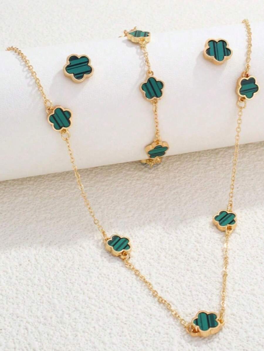 1 套 5 瓣花项链手链耳环混搭配饰（无盒） - 彩色 - 查看 1