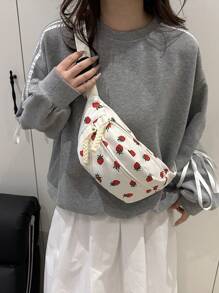 Nylon Crossbody Bag, Solid Color Shoulder Bag, Women's Casual Sling Purse For Outdoor Sports, Strawberry Pattern - White - View 3