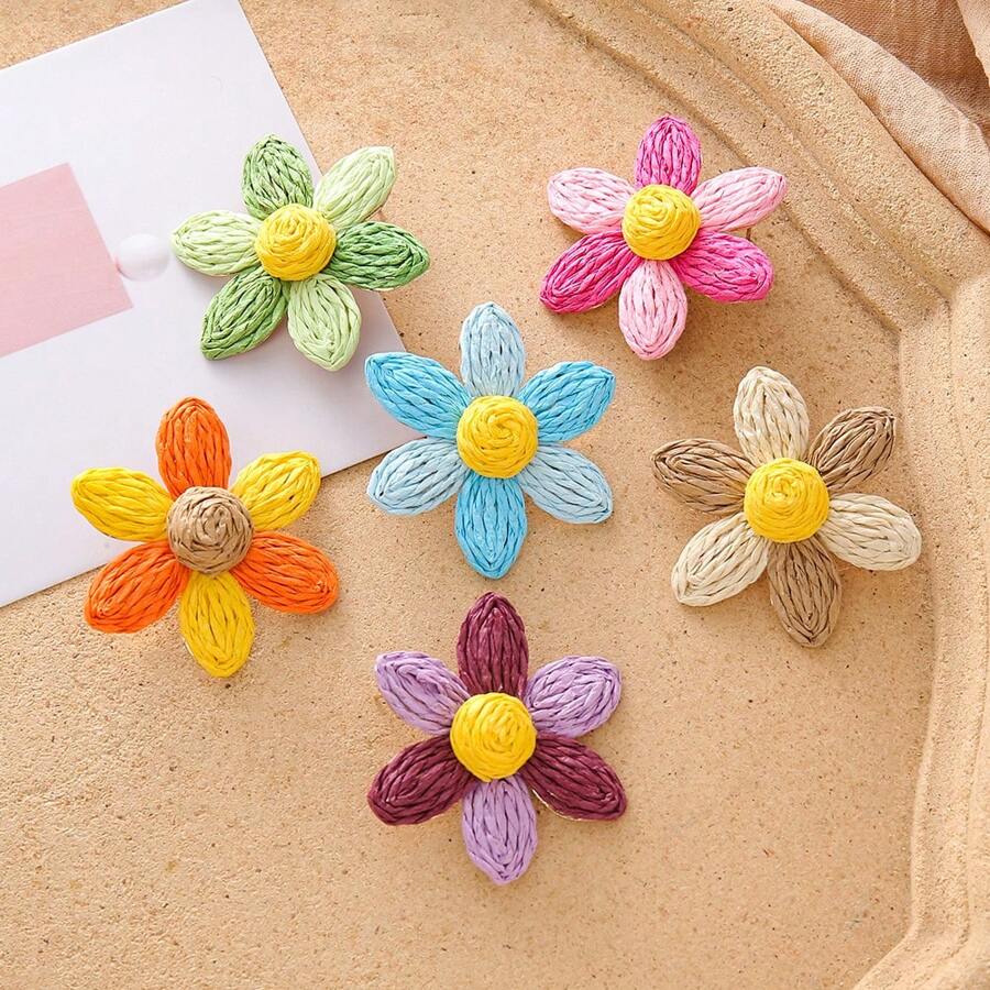 2pcs Set Fashionable Six-Petal Flower Rattan Braided Earrings, Beach Resort Style Accessories For Women