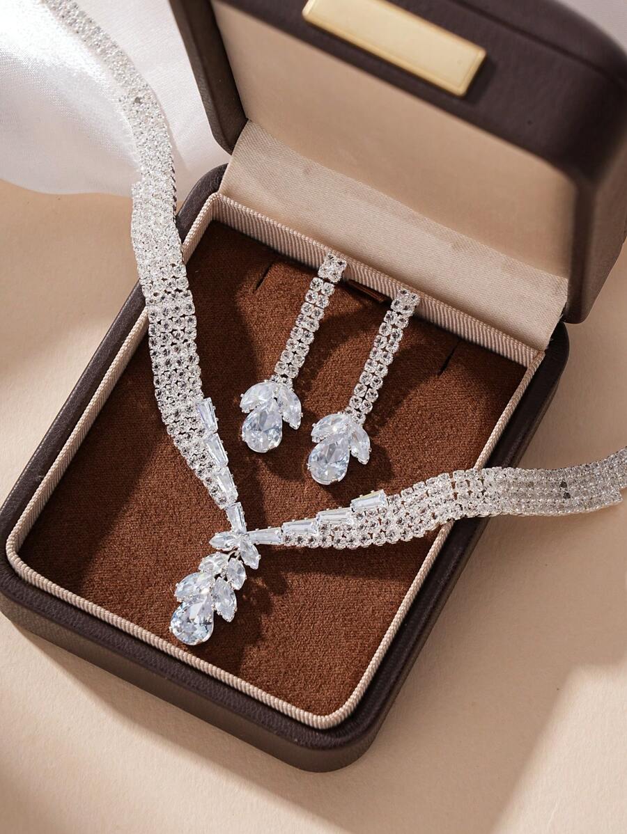 3 Elegant Silver Jewelry, Jewelry Set, Pendant Necklace+Earrings, Suitable For Ladies' Summer Party Dresses. - Water Drop Pendant - View 1