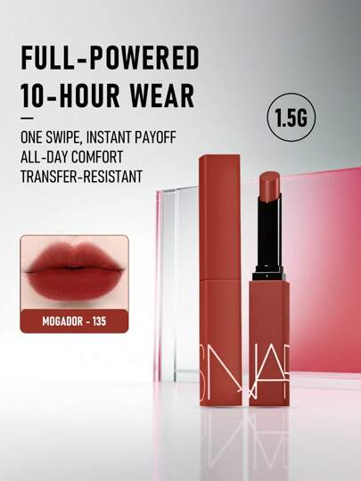  Nars Powermatte唇膏 #135 Mogador，1.5克/0.05盎司 | 浓郁哑光唇色，高显色度 | 轻盈舒适 | 持久配方，全天候保持唇色 | 不拔干，丝绒哑光妆效 | 顺滑易涂 | 多款浓郁色号可选 | 打造大胆吸睛的唇妆 | 适合日常或特殊场合