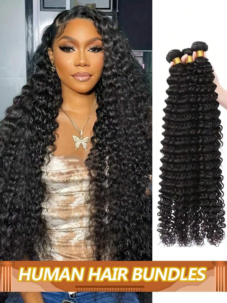 Deep Wave Human Hair Bundles Brazilian Virgin Remy Hair Weave Extensions Soft & Silky Texture Can Be Dyed And Restyled For Women - Natural Black - View 1