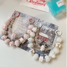 New Autumn/Winter Beaded Fuzzy Rings, Hand-Painted Pearl Double Chain Phone Strap, Car Key Chain, Bag Embellishment, Assorted Beaded Phone Charm
