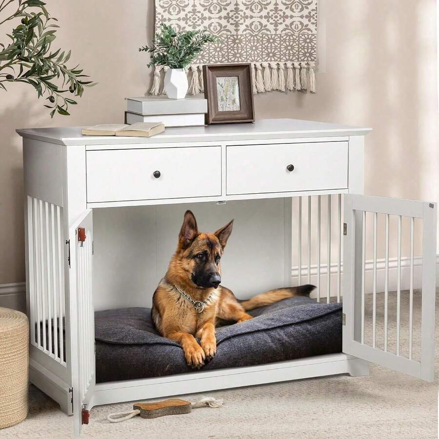 44 Inch Large Dog Crate Furniture, Indoor Dog Kennel With Storage Drawers, Decorative Pet Crates End Table Dog House, Christmas Thanksgiving Cyber Monday Gift