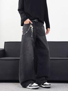 Hearty Haven 1pc Casual Loose Fit Vintage Washed Wide Leg Men's Jeans - Black - View 3