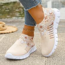 New Women Knitted Casual Sneakers, Soft Sole Breathable Deodorizing Lightweight Low-Top Fashion Hollow-Out Sports Shoes For Women - Khaki - View 6
