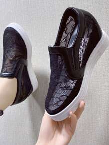 2025 Spring/Summer Women's Wedge Sneakers, Mesh Lace-Up Casual Platform Shoes, Breathable Round Toe Slip-On - Black - View 1