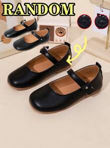 1 Pair Girls Flat Shoes, PU Flower Hook And Loop Adjustable Size Design Round Toe TPR Non-Slip Lightweight Comfortable Solid Color Fashion Ballet Flats, Suitable For 5-14 Years Old Elementary & Middle School Students, For Home, School, Holidays And Performances - Black - View 3