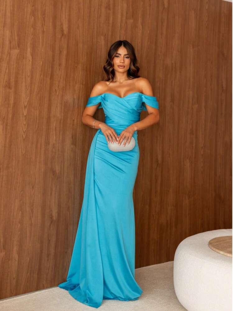 Mermaid Long Party Dress With Slit Off The Shoulder With Short Sleeves Bridesmaid Prom Civil Wedding Elegant Anniversary Event - Màu xanh da trời - Xem 2
