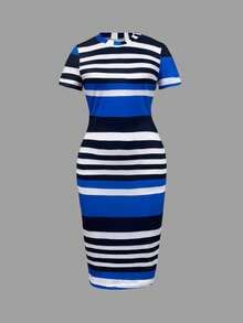 Vestido casual de mujer de longitud media, ajustado, con cuello redondo y rayas - Multicolor - Ver 3