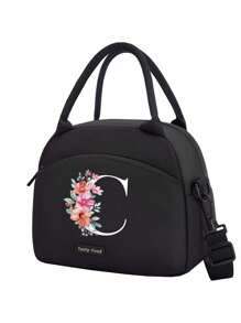 1个字母印花保温午餐包，保温午餐袋，手提包，午餐盒，冰袋，野餐食品袋，帆布轻便便携午餐收纳袋，学校办公室野餐午餐手提包，适合携带上学和上班，生日礼物，纪念礼物。这是一款新颖设计的大容量便携休闲午餐保温包，是女性理想的手提包/午餐盒/学习用品配件。