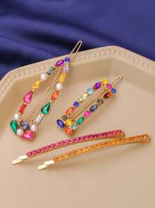 4pcs/Set Fashionable Studded Geometric Hairclips, Simple Crystal Hair Clips Set