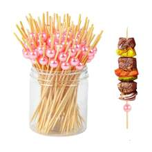 200pcs Gold, Pink, White Bamboo Skewers, Round Creative Faux Pearl Design, Suitable For Kitchen, Tabletop, Fruit Salad, Wedding, Festival Party, Festival Or Party Use - Pink - View 3