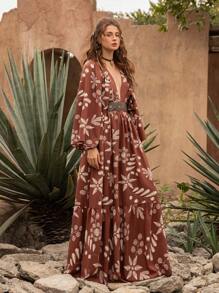 Faeriesty Vestido bohemio casual de resort con estampado floral y ajuste relajado - Perfecto para vacaciones en la playa, viajes de camping y uso casual diario (cinturón no incluido), esenciales de vacaciones - Café integral - Ver 3