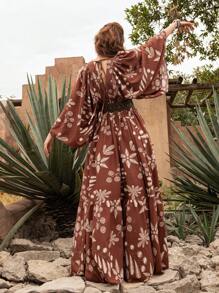 Faeriesty Vestido bohemio casual de resort con estampado floral y ajuste relajado - Perfecto para vacaciones en la playa, viajes de camping y uso casual diario (cinturón no incluido), esenciales de vacaciones - Café integral - Ver 2