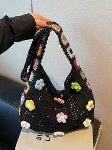Dedoo Retro Hollow-Out Floral Contrast Color Casual Crossbody Bag(The Color Position Of Flowers Is Random)(The Color/Pattern Of Shoulder Strap Is Random)