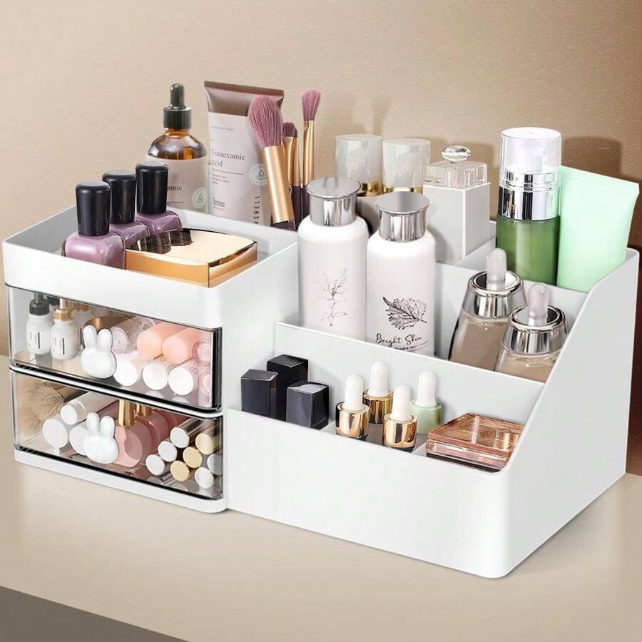 Makeup Organizer, Cosmetic Desk Storage Box With Drawers Skincare Organizers For Dressing Table, Countertop, Bathroom Counter, Vanity Holder For Brushes, Lotions, Lipstick, Perfume - trắng trong - Xem 1
