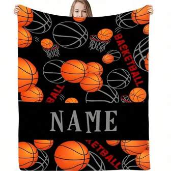 1pc Personalized Name Blanket, Customized Basketball Flannel Blanket, Basketball Game Souvenir, Birthday Gift, Sport Gift For Basketball Fans And Friends, Suitable For Office, Bed, Sofa, Nap, Travel