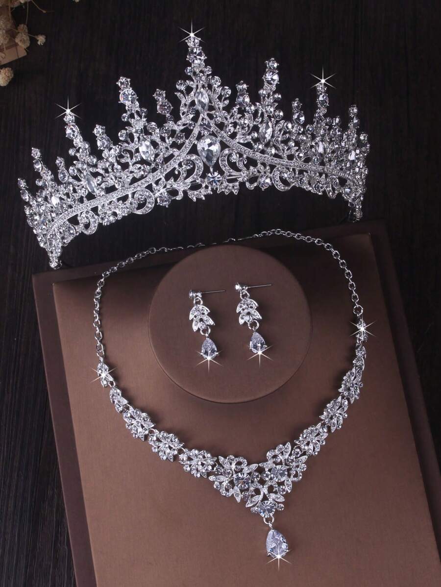High End Luxury Crown Necklace Earring Set, Bridal Wedding Dress Accessories, Wedding Necklace, Wedding Accessories, High-End And Atmospheric Banquet Banquet, Birthday Crown Necklace Earring Three Piece Set - 皇冠+項鍊+耳環套裝 - 查看 1