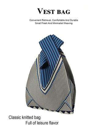 1 件蓝色条纹针织镂空透气可折叠多用途手提包，方便存放手机、化妆品、香水、书籍、iPad、衣服等。适合日常、旅行、学校、购物、拍照、露营、慢跑等。所有季节