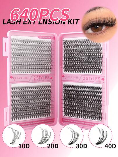 640PCS Individual EyeLashes ,10D+20D+30D+40D/30D+40D+50D+60D/50D+60D+80D+100D DIY Lashes Cluster 10-16mm D Curl Eyelash With Lash For Self Application At Home,Music Festivals, Daily Outings