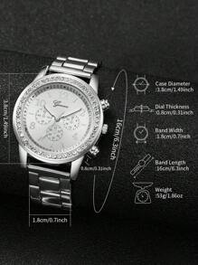 4 件/套女士时尚休闲钢带水钻三眼数字刻度表盘经典石英腕表 + 手链（礼品盒中不包含手表） - 銀色 - 查看 5