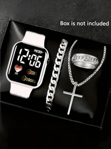 1pc Men's Square Digital Sports Watch And 3pcs Bracelet Necklace Ring Set, Best Halloween Gift - Multicolor - View 16