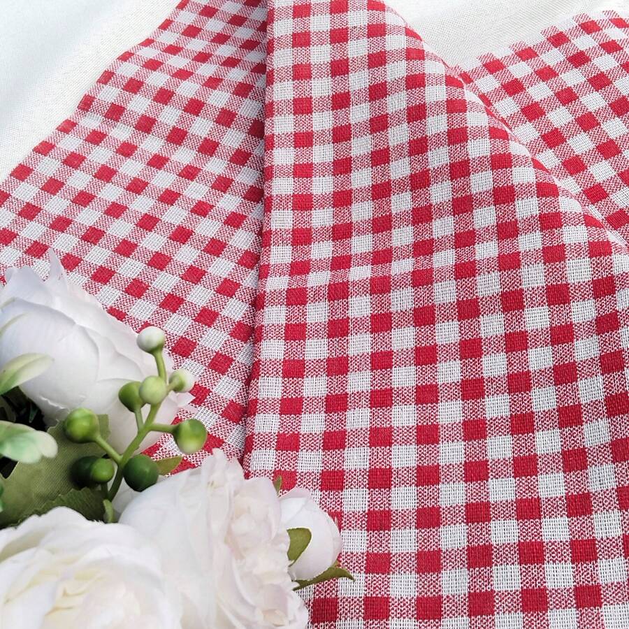 1pc Red & White Plaid Gingham Fabric With Floral Print, Countryside Style, Photography Backdrop, DIY Craft, Gift Wrapping, Tablecloth, Curtain, Sofa Upholstery - Multicolor - View 1