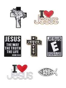 7pcs Jesus Saves Enamel Pins Simple Black Fish Shape Vintage Brooches Lapel Badges Classic Jewelry Gift For Friends - Multicolor - View 8