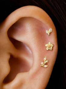 1 pièce/3 pièces Boucles d'oreilles fleurs en argent sterling 925, dos plat pour cartilage/hélix, bijoux de qualité pour porter au quotidien, mariage, fête, fiançailles, anniversaire, Saint-Valentin - Doré - Voir 2