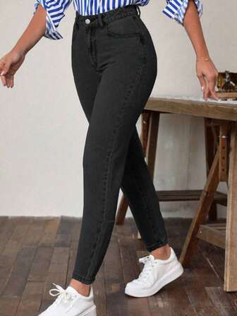 女士修身纯色简约牛仔长裤，弹力修身，女士通勤长裤，女士秋季休闲纽扣、口袋、毕业、度假，长款常规女裤，返校服，休闲日常穿着，可爱女裤