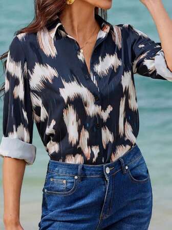 女式衬衫上衣图案时尚街头服饰波西米亚风印花长袖衬衫领常规上衣休闲假日纽扣印花海军蓝宽松工作上衣春秋装