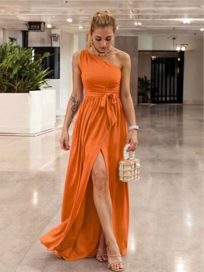 Vestido Largo Elegante Hombro asimétrico y Descubierto Abertura en la Pierna con detalle de cinturón para Mujer