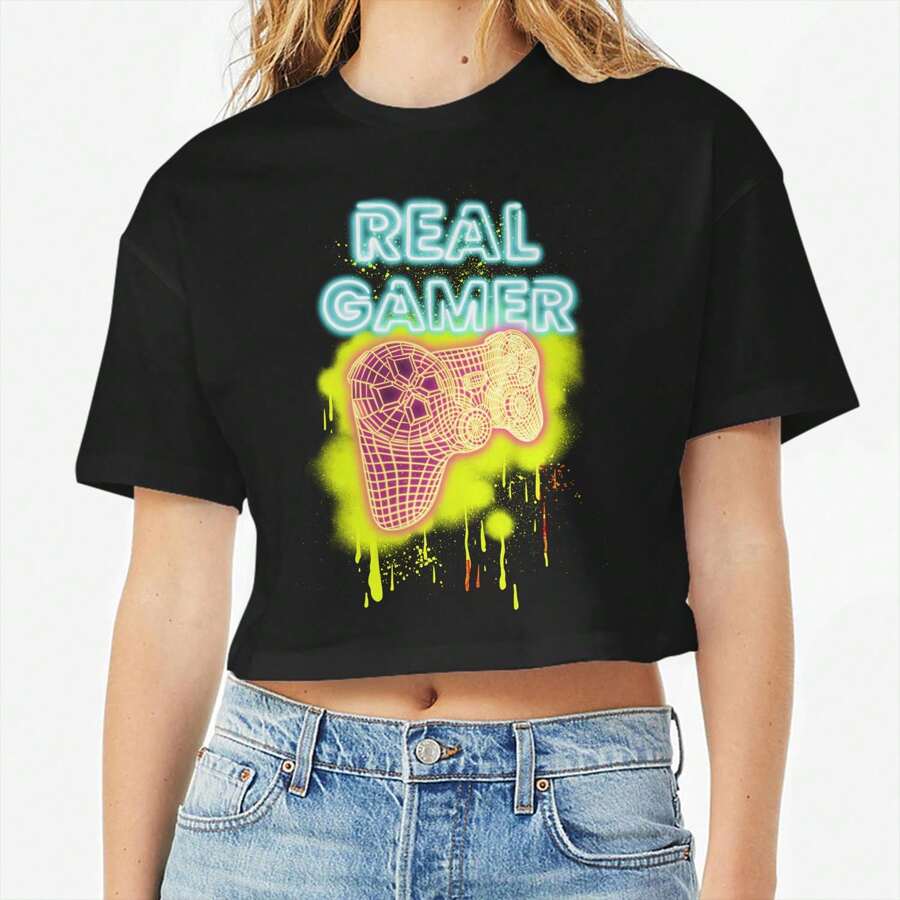 Matt Keeling Real Gamer Graphic Cotton Ladies Crop Top T-Shirt - Black - View 1
