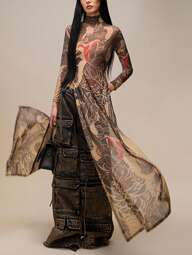 Summer Street Snake Print Semi High Neck High Slit Long Top