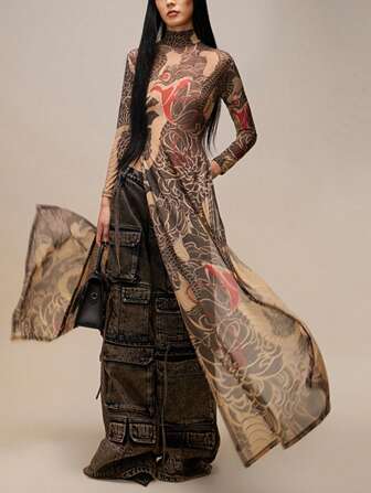 Summer Street Snake Print Semi High Neck High Slit Long Top