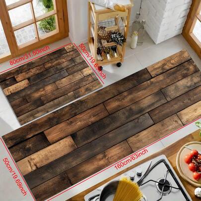 1 Stück Retro-Holzmaserung Muster rutschfester Silikon-Schmutz-Küchenläufer, 3D-bedrucktes Rechteck, geeignet für Wohnzimmer, Schlafzimmer, Flur, Badezimmer, Waschraum - Polyester-Teppich für Innen- und Außenbereich Dekoration Zuhause