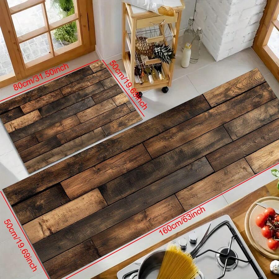 1 pieza Alfombra de silicona con patrón de grano de madera retro antideslizante para cocina de barro, impresión 3D rectangular, apta para sala de estar, dormitorio, pasillo, baño, lavandería - Alfombra de poliéster para decoración del hogar interior y exterior - FUCFD130 - Ver 1