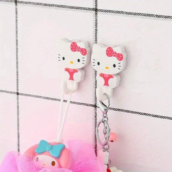 Sanrio 2 Stück Sanrio Hello Kitty Haken mit starkem Klebstoff, geeignet für Küche, Badezimmer, Tür, Wand - Multifunktional, modernes Design, aus Kunststoff, wandmontiert, ohne Stromversorgung - zum Aufhängen von Kleidung, Handtüchern usw.