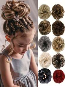 接发自然造型卷发凌乱发髻发箍儿童黑色 6 英寸合成发束年轻自然儿童假发日常假发 - 彩色 - 查看 2