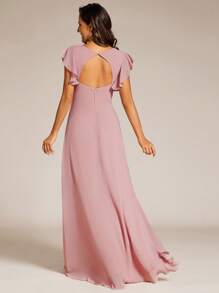 EVERPRETTY Elegant Ruffled Chiffon High-Low Bridesmaid Dress With Backless Design - Baby Pink - View 2
