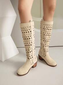 Bottes mi-mollet à talon épais évidées de style occidental pour femmes, respirantes, pour le printemps/l'été/l'automne