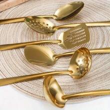 6pcs Gold-Plated Stainless Steel Kitchen Utensil Set - Includes Soup Spoon, Colander, Frying Shovel & More - Essential Cooking Tools For Home Chefs - Multicolor - View 3