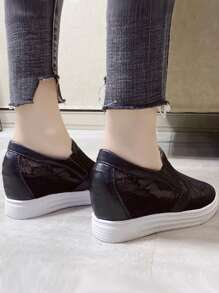 2025 Spring/Summer Women's Wedge Sneakers, Mesh Lace-Up Casual Platform Shoes, Breathable Round Toe Slip-On - Black - View 4