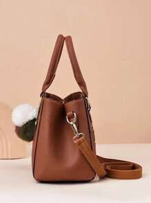 Bolso de mano de mujer de color liso con decoración de bola de felpa, de gran capacidad y de varios niveles, adecuado para citas y trabajo - Marrón - Ver 3