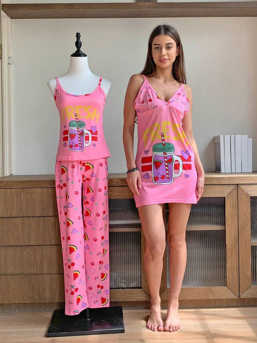 3 pzas Conjunto de pijama de mujer con estampado de dibujos animados Blusa, Vestido de tirantes y Pantalón