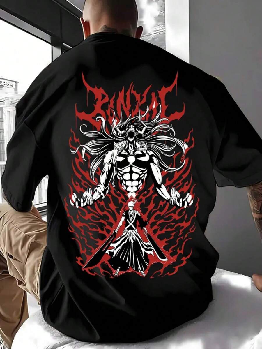Japanese Anime T-Shirt Streetwear Shirt Launch Ble4ch Ichigo Unisex 100% Cotton Plus Size - Immediate Shipping! - 黑色 - 查看 1